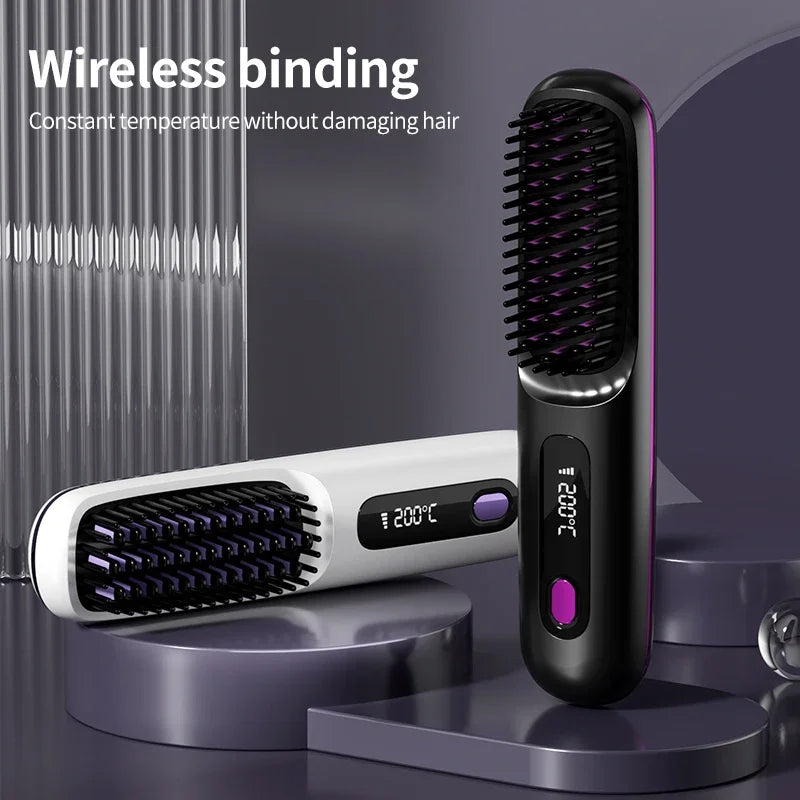 Portable LCD Ceramic Straightening Brush – Wireless, Rechargeable, and Anti-Frizz