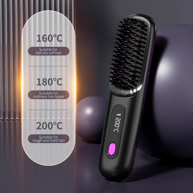 Portable LCD Ceramic Straightening Brush – Wireless, Rechargeable, and Anti-Frizz