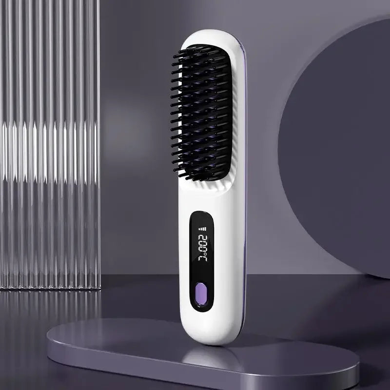 Portable LCD Ceramic Straightening Brush – Wireless, Rechargeable, and Anti-Frizz