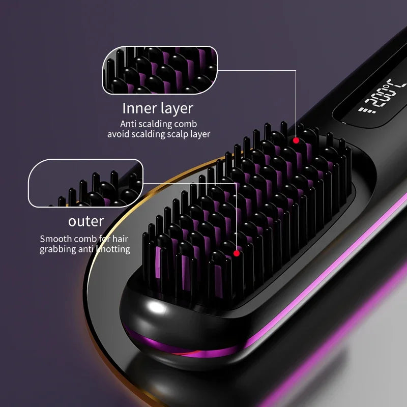 Portable LCD Ceramic Straightening Brush – Wireless, Rechargeable, and Anti-Frizz